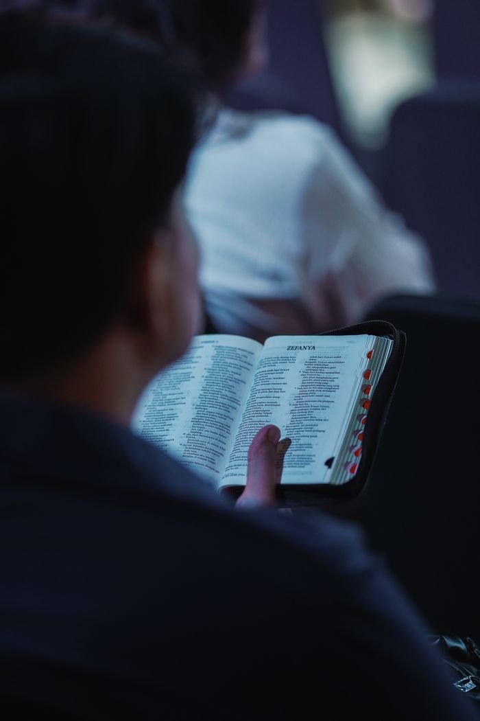 An individual reading a book indoors, creating a quiet and contemplative atmosphere.